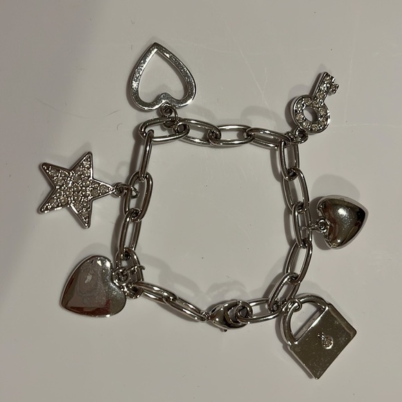 Charm Bracelet with Hearts, Rhinestone Star and Lock and Key in Silver-Tone - Picture 8 of 8